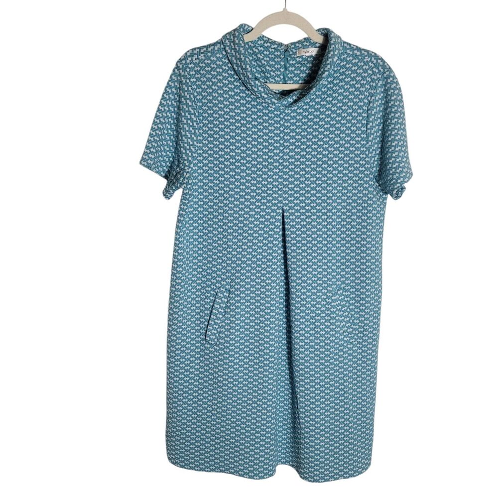 Tyler Boe Inverted Pleated Shift Dress Women's Medium Blue White Geometric Retro